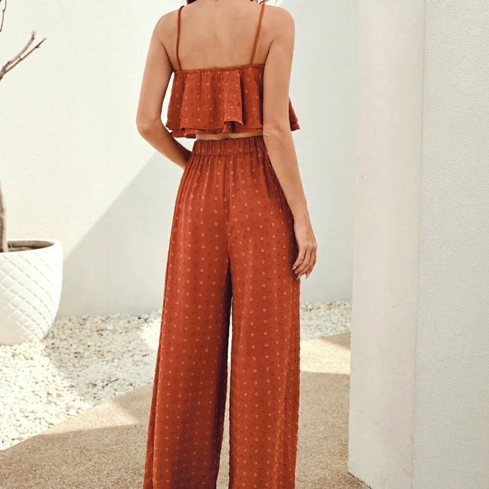 Burnt Orange Casual Women's Swiss Dot Cami Top & Wide Leg Pants